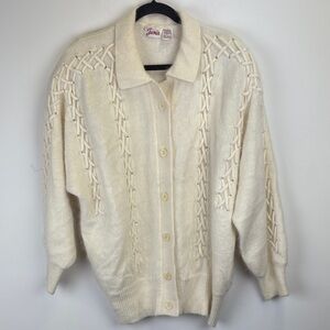 Vintage Jamie Ivory Beaded Cardigan Lattice Knit Angora Blend Sweater Size Large
